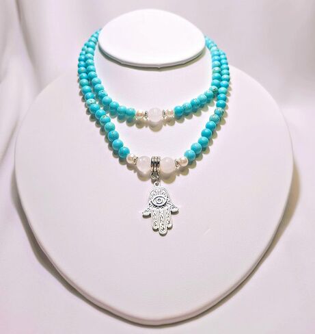 Healing Calming Necklace Japa Mala 108 Beads Natural Gemstones: Turquoise, White Jade, Australian South Sea Pearl + Hamsa Hand Evil Eye Charm Yoga Meditation Necklace - USA HANDMADE (turquoise) in Saudi Arabia