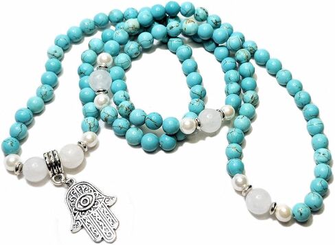 Healing Calming Necklace Japa Mala 108 Beads Natural Gemstones: Turquoise, White Jade, Australian South Sea Pearl + Hamsa Hand Evil Eye Charm Yoga Meditation Necklace - USA HANDMADE (turquoise) in Saudi Arabia