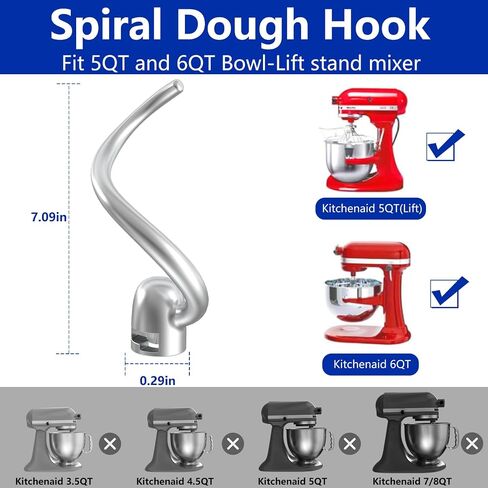 Professional 6 QT Dough Hook for KitchenAid Mixer,Stainless Steel,Spiral Dough Hook Attachment for KitchenAid 5Plus & 6QT Bowl-Lift Stand Mixers in Saudi Arabia