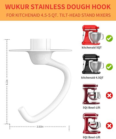 WUKUR K45DH خطاف العجين لمرفق خلاط KitchenAid لمساعدة المطبخ K45 K45SS KSM90 KSM150 خلاطات حامل رأس مائلة، تعمل مع وعاء 4.5/5 لتر in Kuwait
