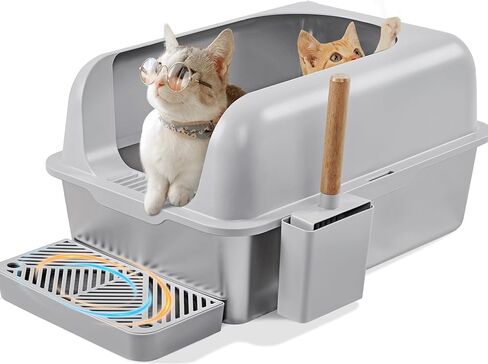 صندوق فضلات القطط من الفولاذ المقاوم للصدأ من دبليو إم كيه، صندوق فضلات القطط ذو الجدار العالي، صندوق فضلات القطط المعدني الكبير جدًا مع غطاء ومغرفة للقطط الكبيرة، وعاء فضلات مقاس XL، غير لزج، مضاد للتسرب، سهل التنظيف in Kuwait