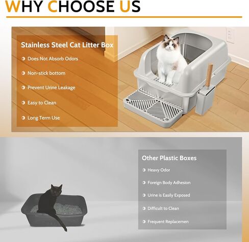 صندوق فضلات القطط من الفولاذ المقاوم للصدأ من دبليو إم كيه، صندوق فضلات القطط ذو الجدار العالي، صندوق فضلات القطط المعدني الكبير جدًا مع غطاء ومغرفة للقطط الكبيرة، وعاء فضلات مقاس XL، غير لزج، مضاد للتسرب، سهل التنظيف in Kuwait