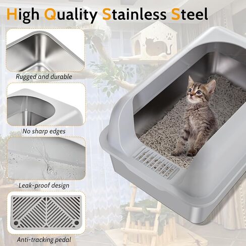 صندوق فضلات القطط من الفولاذ المقاوم للصدأ من دبليو إم كيه، صندوق فضلات القطط ذو الجدار العالي، صندوق فضلات القطط المعدني الكبير جدًا مع غطاء ومغرفة للقطط الكبيرة، وعاء فضلات مقاس XL، غير لزج، مضاد للتسرب، سهل التنظيف in Kuwait