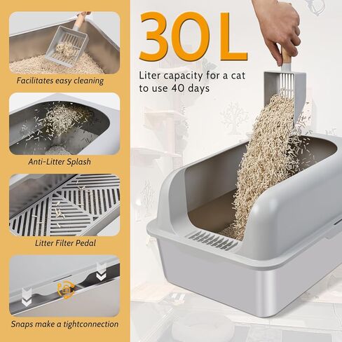 صندوق فضلات القطط من الفولاذ المقاوم للصدأ من دبليو إم كيه، صندوق فضلات القطط ذو الجدار العالي، صندوق فضلات القطط المعدني الكبير جدًا مع غطاء ومغرفة للقطط الكبيرة، وعاء فضلات مقاس XL، غير لزج، مضاد للتسرب، سهل التنظيف in Kuwait