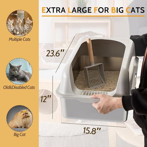 صندوق فضلات القطط من الفولاذ المقاوم للصدأ من دبليو إم كيه، صندوق فضلات القطط ذو الجدار العالي، صندوق فضلات القطط المعدني الكبير جدًا مع غطاء ومغرفة للقطط الكبيرة، وعاء فضلات مقاس XL، غير لزج، مضاد للتسرب، سهل التنظيف in Kuwait