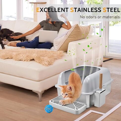 صندوق فضلات القطط من الفولاذ المقاوم للصدأ من دبليو إم كيه، صندوق فضلات القطط ذو الجدار العالي، صندوق فضلات القطط المعدني الكبير جدًا مع غطاء ومغرفة للقطط الكبيرة، وعاء فضلات مقاس XL، غير لزج، مضاد للتسرب، سهل التنظيف in Kuwait