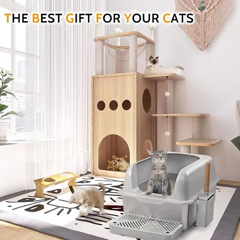 صندوق فضلات القطط من الفولاذ المقاوم للصدأ من دبليو إم كيه، صندوق فضلات القطط ذو الجدار العالي، صندوق فضلات القطط المعدني الكبير جدًا مع غطاء ومغرفة للقطط الكبيرة، وعاء فضلات مقاس XL، غير لزج، مضاد للتسرب، سهل التنظيف in Kuwait