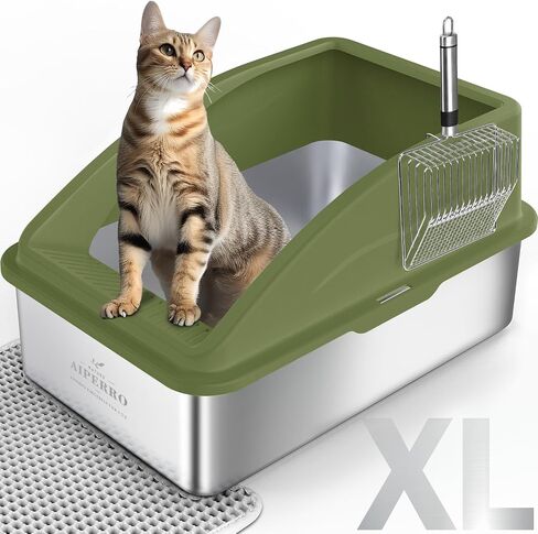 Stainless Steel Cat Litter Box with High Sides, XL Extra Large Metal Litter Box Anti-Urine Leakage, Includes Cat Mat and Metal Scoop (Olive) in Saudi Arabia