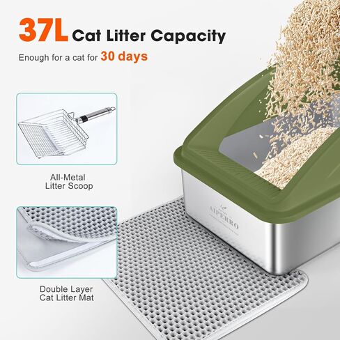 Stainless Steel Cat Litter Box with High Sides, XL Extra Large Metal Litter Box Anti-Urine Leakage, Includes Cat Mat and Metal Scoop (Olive) in Saudi Arabia