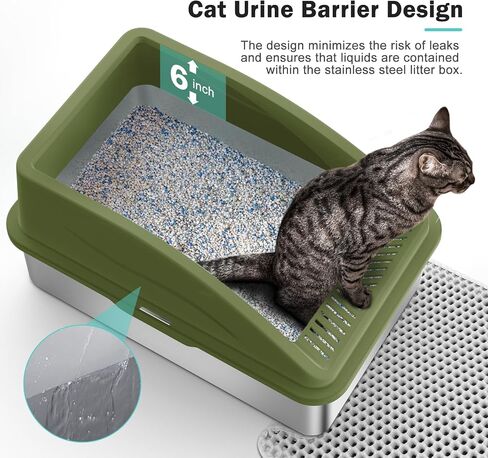 Stainless Steel Cat Litter Box with High Sides, XL Extra Large Metal Litter Box Anti-Urine Leakage, Includes Cat Mat and Metal Scoop (Olive) in Saudi Arabia
