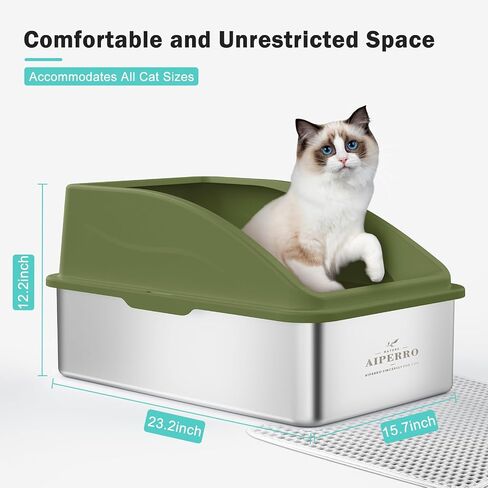 Stainless Steel Cat Litter Box with High Sides, XL Extra Large Metal Litter Box Anti-Urine Leakage, Includes Cat Mat and Metal Scoop (Olive) in Saudi Arabia