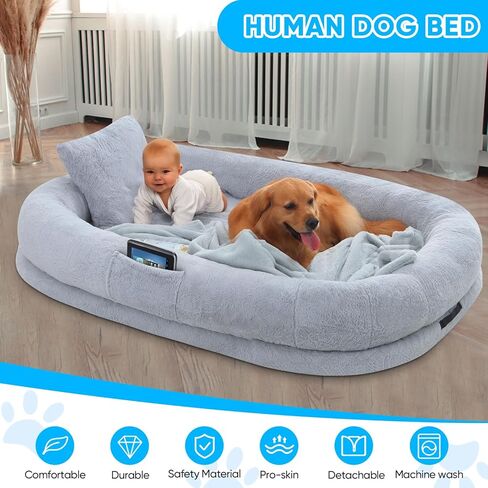 سرير كلب بشري للبالغين، سرير كلب عملاق مقاس 72 بوصة × 48 بوصة × 10 بوصة، أسرة كلاب من الفرو الصناعي قابلة للإزالة والغسل للكلاب الكبيرة، سرير كلب بحجم بشري مع بطانية ناعمة للعائلات والحيوانات الأليفة in Kuwait