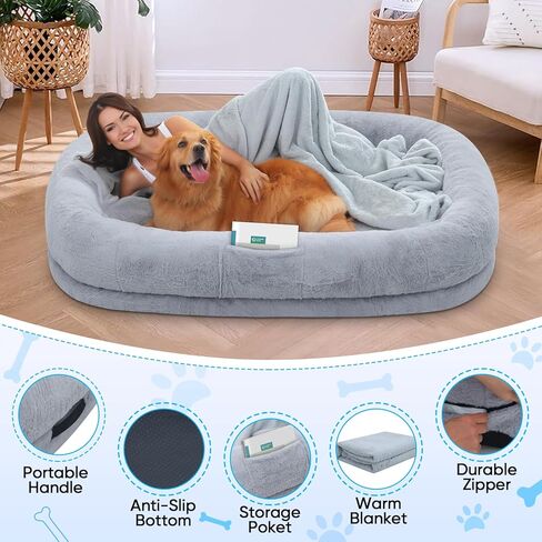 سرير كلب بشري للبالغين، سرير كلب عملاق مقاس 72 بوصة × 48 بوصة × 10 بوصة، أسرة كلاب من الفرو الصناعي قابلة للإزالة والغسل للكلاب الكبيرة، سرير كلب بحجم بشري مع بطانية ناعمة للعائلات والحيوانات الأليفة in Kuwait