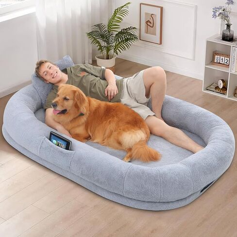 سرير كلب بشري للبالغين، سرير كلب عملاق مقاس 72 بوصة × 48 بوصة × 10 بوصة، أسرة كلاب من الفرو الصناعي قابلة للإزالة والغسل للكلاب الكبيرة، سرير كلب بحجم بشري مع بطانية ناعمة للعائلات والحيوانات الأليفة in Kuwait