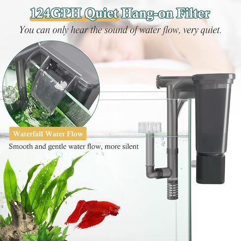 5W Hang-on Aquarium Filter, 124GPH Quiet Fish Tank Filter with Filter Sponge and Activated Carbon, Adjustable Waterfall Filter for 8-35 Gallon Fish Tank in Saudi Arabia