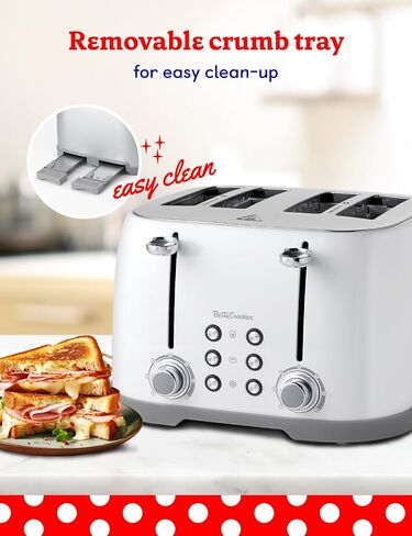 Betty Crocker 4-Slice Multi-Function Toaster, Toaster 4 Slice with Extra Wide Slots for Thick Bread, Bagel & Waffle, Toast Shade Control Dial, Slide Out Crumb Tray, White in Saudi Arabia