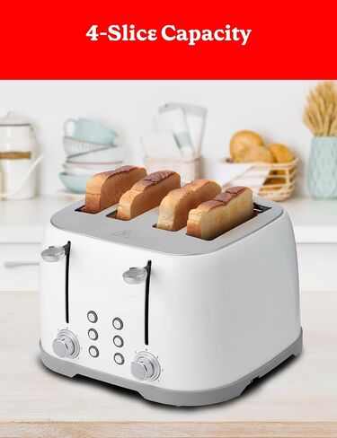 Betty Crocker 4-Slice Multi-Function Toaster, Toaster 4 Slice with Extra Wide Slots for Thick Bread, Bagel & Waffle, Toast Shade Control Dial, Slide Out Crumb Tray, White in Saudi Arabia
