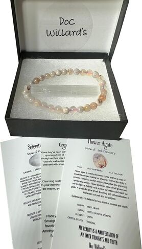 مجموعة هدايا كريستال مع سوار من العقيق الزهري وحجر السيلينيت وبطاقات معلوماتية سوار كريستال قابل للتمدد من الكريستال للشفاء الميتافيزيقي مقاس 7.25-7.50 بوصة للجنسين ريكي in Kuwait