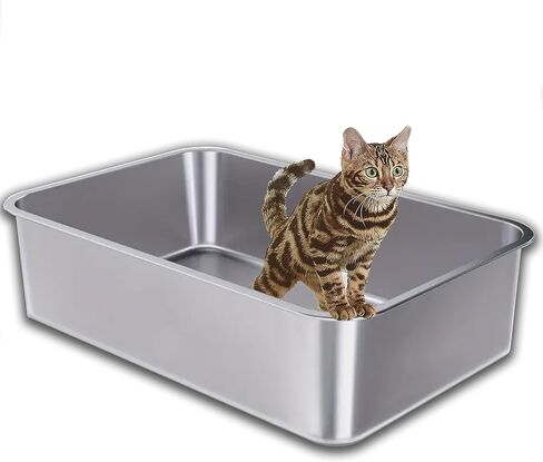 Large Stainless Steel Litter Box for Family with Multi-Cat High Sides Metal Cat Litter Tray for Kitty Never Absorb Odor Indoor Easy Clean Cat Litter Pan(24" Lx16 Wx6 H) in Saudi Arabia