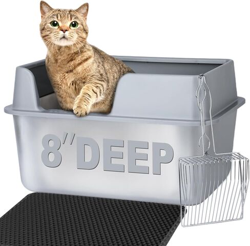 صندوق فضلات القطط مغلق من الفولاذ المقاوم للصدأ، صندوق فضلات كبير السعة بجوانب عالية، وعاء فضلات معدني طويل الأمد مع غطاء، خالٍ من الرائحة، مضاد لتسرب البول، سهل التنظيف، يشمل مغرفة وحصيرة in Kuwait
