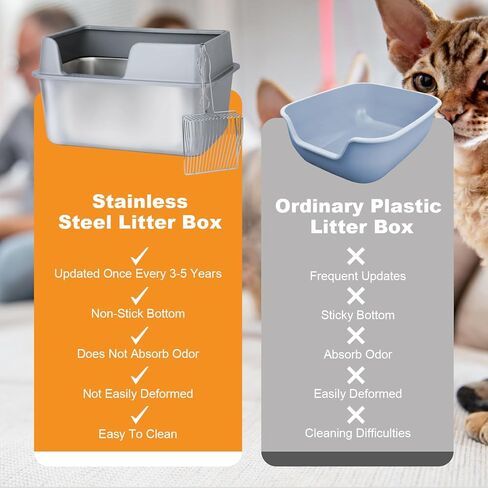صندوق فضلات القطط مغلق من الفولاذ المقاوم للصدأ، صندوق فضلات كبير السعة بجوانب عالية، وعاء فضلات معدني طويل الأمد مع غطاء، خالٍ من الرائحة، مضاد لتسرب البول، سهل التنظيف، يشمل مغرفة وحصيرة in Kuwait