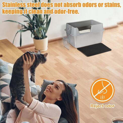 صندوق فضلات القطط مغلق من الفولاذ المقاوم للصدأ، صندوق فضلات كبير السعة بجوانب عالية، وعاء فضلات معدني طويل الأمد مع غطاء، خالٍ من الرائحة، مضاد لتسرب البول، سهل التنظيف، يشمل مغرفة وحصيرة in Kuwait