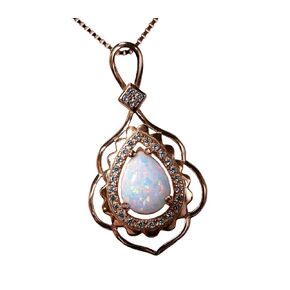 Large Opal Necklace - Rose Gold @ 925 Sterling Silver Flower Leaf Pearl White Fire Opal Jewelry - Teardrop Opal Pendant 16"~20" adjustable Chain