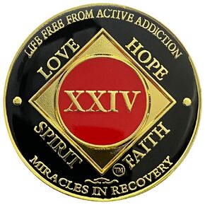 NA 24 Year Medallion, Narcotics Anonymous 24 Year Coin, Gold, Red color, NA Recovery Token