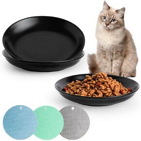 Ceramic Cat Bowls,Wide Shallow Cat Bowl,Shallow Cat Food Dish,Cute Cat Feeding Bowls,with Silicone Non-Slip Mats,Cat Food Dishes for Indoor Cats, Ceramic Cat Bowl Set (3PCS,Black)