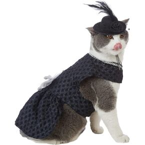 فستان القطط الفاخرة، فساتين سوداء للقطط مع قبعة، ملابس الحيوانات الأليفة وفيونكة، تنانير زفاف لطيفة للقطط (S) in Kuwait