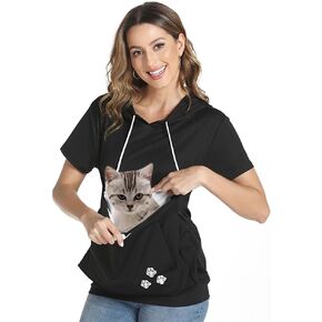 Women Big Pouch Shirt Pet Holder Pocket Top Short Sleeve Solid Color T-shirt