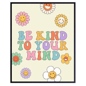 Groovy Flower Power 60s Decor - 70s Retro Vintage Hippie Room Decor - Preppy Be Kind Sign - Smiley Face Decorations - Cute Boho Wall Decor for Women, Teen Girls - Eclectic Wall Art for College Dorm