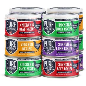in Chicken Recipe in Broth, Shredded Wet Cat Food, Grain-Free Protein, Non-GMO, Variety Pack of 12-3X Chicken, 3X Lamb, 3X Duck, 3X Beef