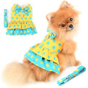 Dog Harness Dress for Small Medium Dogs Female Girls Polka Dots Tutu Skirt Beauty Pet Clothes with Leash 1.6m Cats Apparel Puppy Chihuahua Yorkie Clothing Spring Summer Yellow M