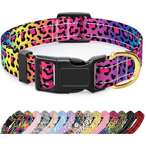 Reflective Dog Collar, Cute Leopard Style Dog Collar for Large Dogs, Soft Nylon Puppy Collar for Boy and Girl Female Dog, Adjustable Heavy-Duty Pet Collars with Quick Release Buckle, Neon