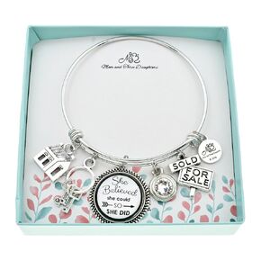 Real Estate Agent Bangle Bracelet in Silver Stainless Steel with Charms in Silver Toned Metal. Real Estate Agent Gift. House Realtor Gift