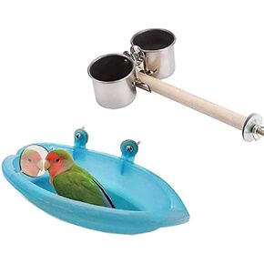 Bird Bathtub with Mirror Toy and Perch with Feeder Cups, 2 PCS Bird Cage Accessories for Small Parrots Parakeet Cockatiel Conure Lovebird Finch Budgie