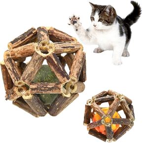 Catnip and Silvervine Ball Toy Set for Cats, Catnip Ball Promotes Dental Health and Relieves Stress, Cat Chew Stick with Natural Materials, Hand-Woven Cage Balls, Silvervine Sticks for Cats