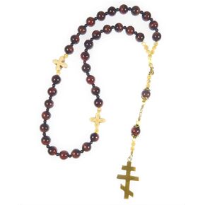 Handmade Orthodox Rosary Red Tiger Eye, Onyx, Mother of Pearl and Gold Tone Cross