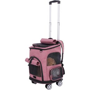 Falytemow Cat Carrier Backpack with Wheels Puppy Carrying Bag with Breathable Mesh and Fan Collapsible Pet Cages on Rolling Trolley with Removable Base and Telescopic Handle for Small Pets Under 18lb