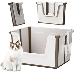 Collapsible Portable Cat Litter Box, Anti-Splashing High Sides Kitty Litter Pan, Foldable Travel Kitten Litter Box with Bonus Scoop (Beige)