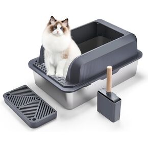 Enclosed Stainless Steel Cat Litter Box with Lid,XL Extra Large for Big&Multiple Cats,Metal Litter Box High Wall Sides Enclosure Cat Toilet,Anti-Urine Leakage,Non-Sticky,Easy Cleaning,Include Scoop