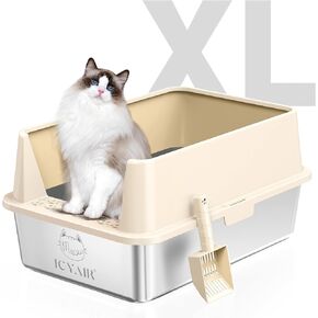 Stainless Steel Cat Litter Box with High Sides Lid, Extra Large XL Litter Box for Big Cats,Open Top Metal Kitty Litter Box with Anti-Leakage Enclosure, Non-Stick, Odorless,Scoop Included (Beige)