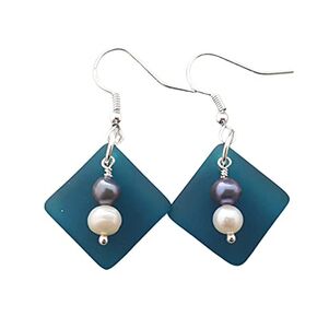 The"Balance of Life" - a Hawaii lifestyle and mentality, Curved Teal sea glass Earrings with White and Purple natural pearls. (Hawaii gift wrapped, Customizable Gift Message)