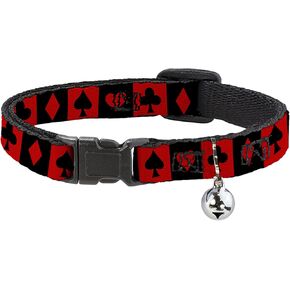 Disney Cat Collar, Breakaway Collar with Bell, Alice in Wonderland Card Suits Red Black, 8.5 to 12 Inches 0.5 Inch Wide