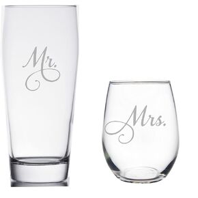 C & M Personal Gifts Stemless Glasses Set (Set of 2) Mr. and Mrs. Etched Beer Glass and Wine Glass Combo