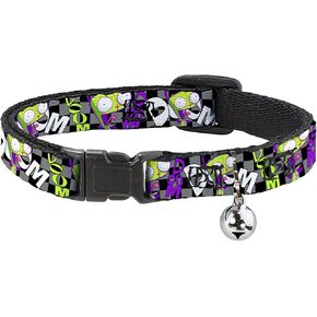 Nickelodeon Cat Collar, Breakaway Collar with Bell, Invader Zim GIR Doom Pose Checker Black Gray, 8.5 to 12 Inches 0.5 Inch Wide