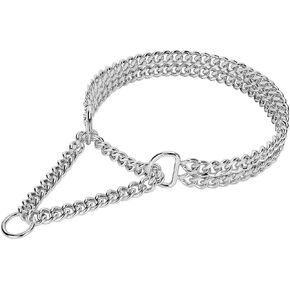 Silver Dog Chain Collar Stainless Steel Silver Dog Collar Adjustable Walking, Metal Cuban Link Dog Collar Chew Proof Double Row Chain Dog Collar for Large Small Medium Dogs