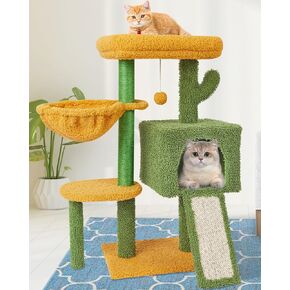 MIAO PAW Cute Cactus Cat Tree with Padded Top Perch, Comfy Hammock, Private Condo, Scratching Post and Dangling Bell Ball for Indoor Cats