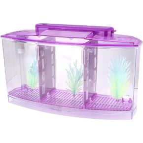 Three Areas Small Aquarium, Transparent Fish Tank, Desktop with Water Change Valve with LED Light for Betta Small Fishes(Purple)